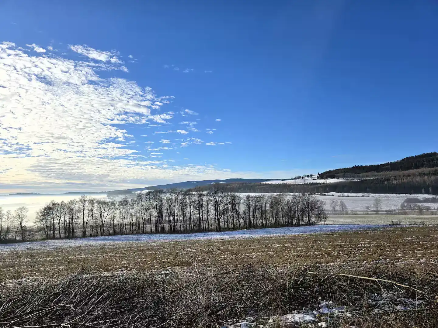 Winterblick über Felder und Berge