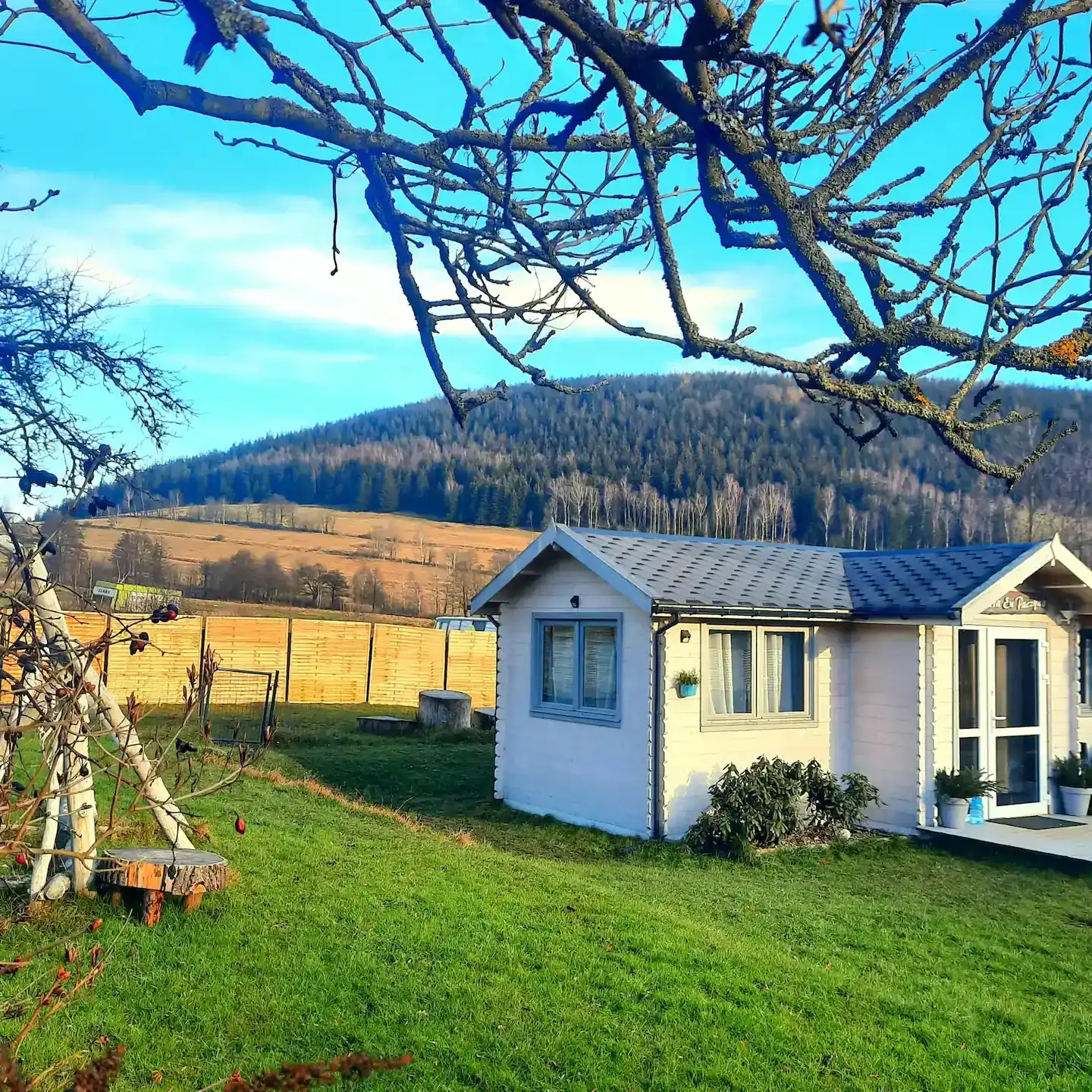 Ferienhaus und Garten im Sommer